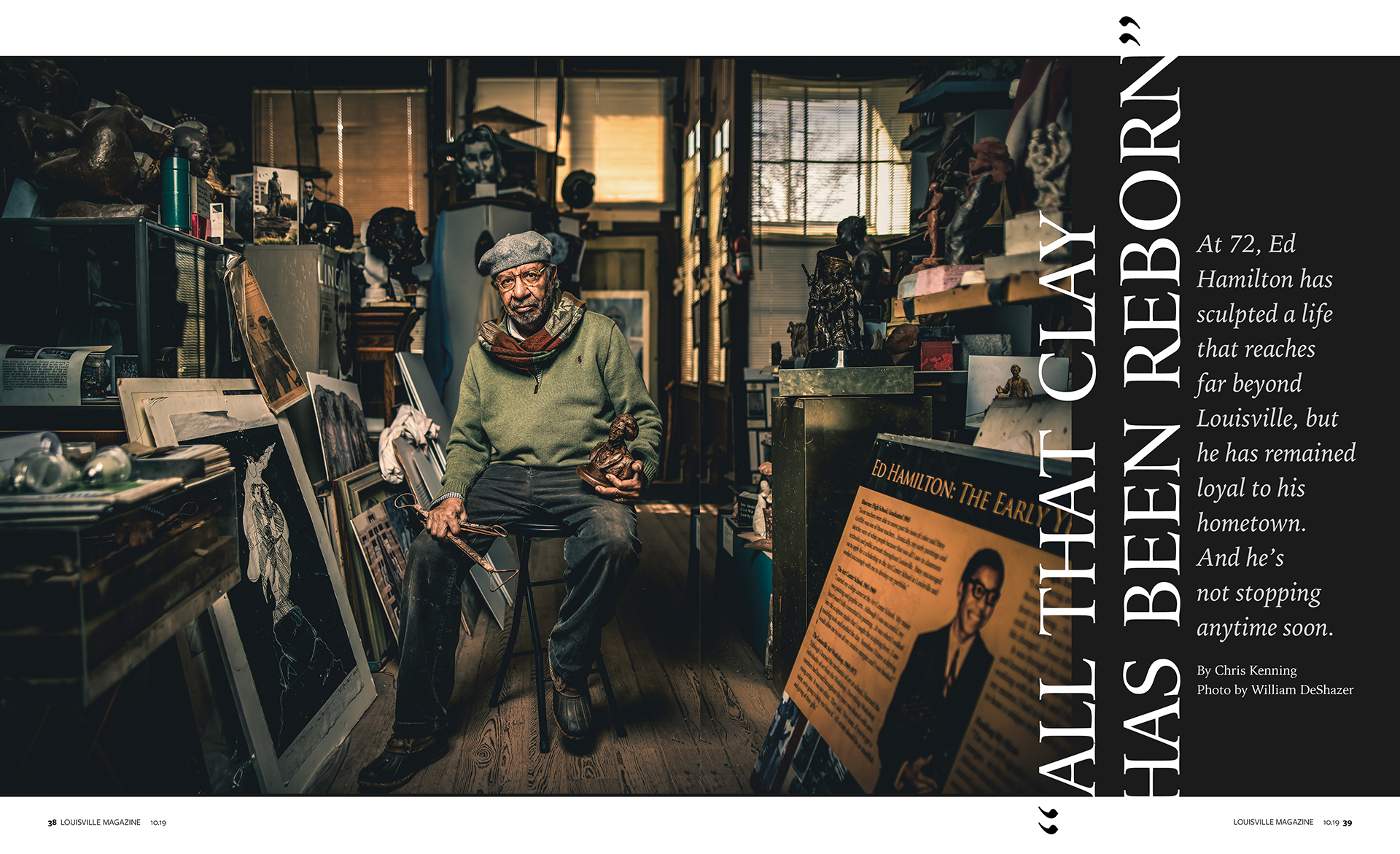 Spread of Ed Hamilton in his studio, featured in Louisville Magazine's October 2019 issue